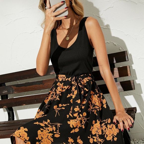 New Floral Print Belted Dress Black and Yellow Orange - Picture 3 of 6